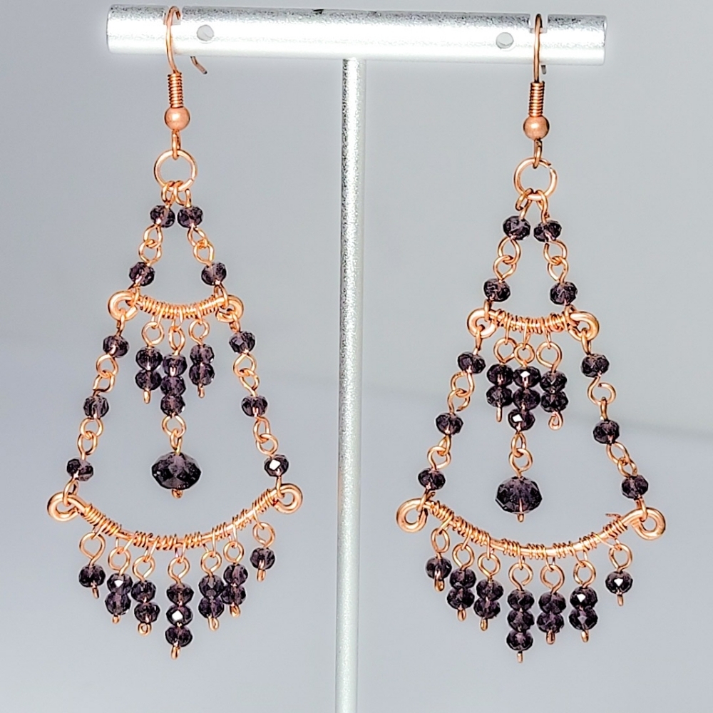 Handcrafted Copper & Amethyst Crystal Chandelier Earrings - Picture 2 of 6